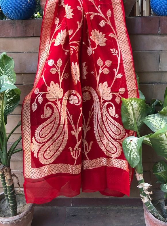 Red Pure Banarasi Handloom Georgette Dupatta - Aura Benaras