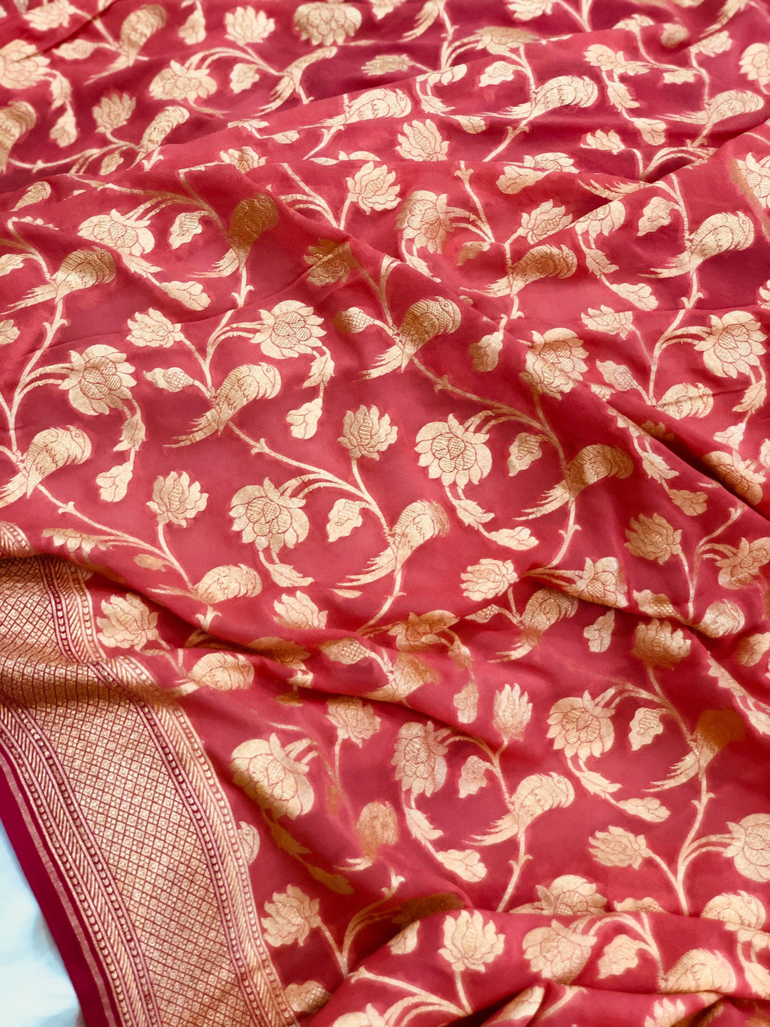 Peachish Pink Banarasi Khaddi Georgette Saree