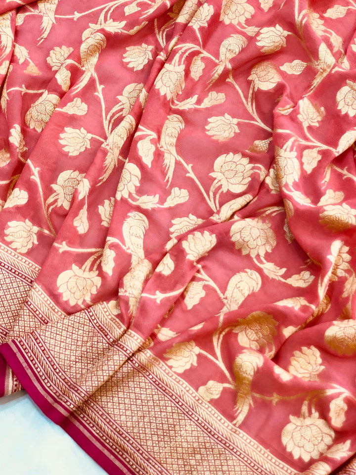 Peachish Pink Banarasi Khaddi Georgette Saree