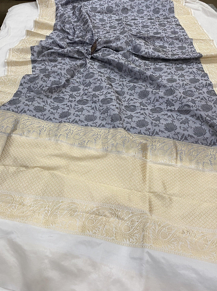 Grey Pure Banarasi Handloom Katan Silk Saree - Aura Benaras
