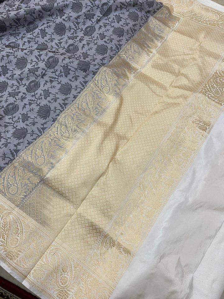 Grey Pure Banarasi Handloom Katan Silk Saree - Aura Benaras
