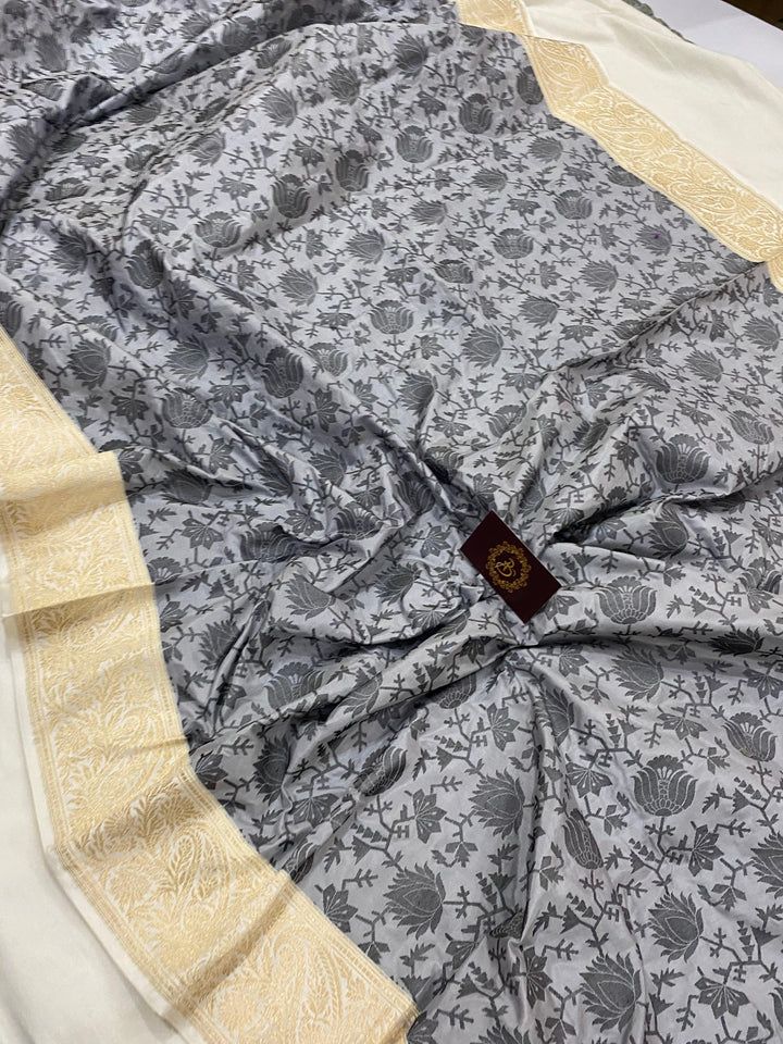 Grey Pure Banarasi Handloom Katan Silk Saree - Aura Benaras