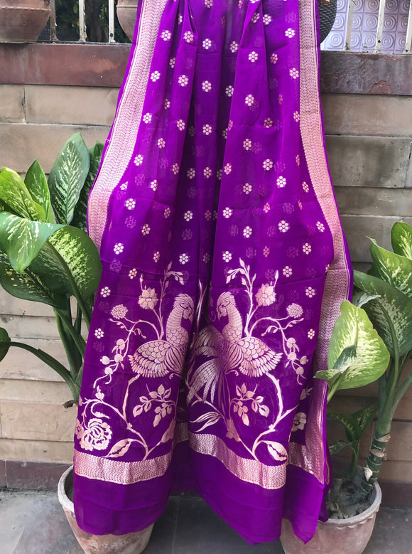 Purple Pure Banarasi Handloom Georgette Dupatta - Aura Benaras