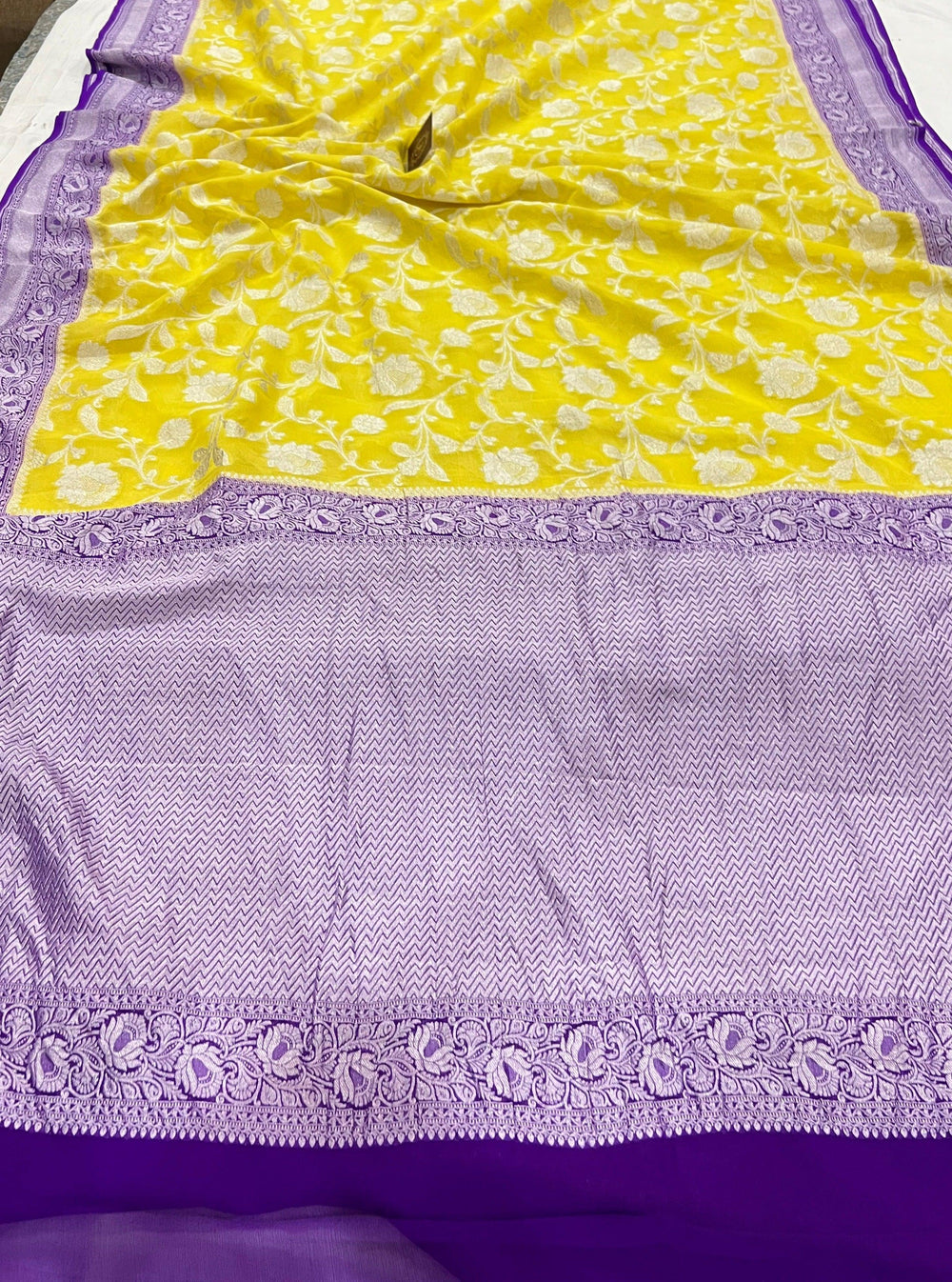 Lemon Yellow Banarasi Handloom Pure Khaddi Georgette Saree - Aura Benaras