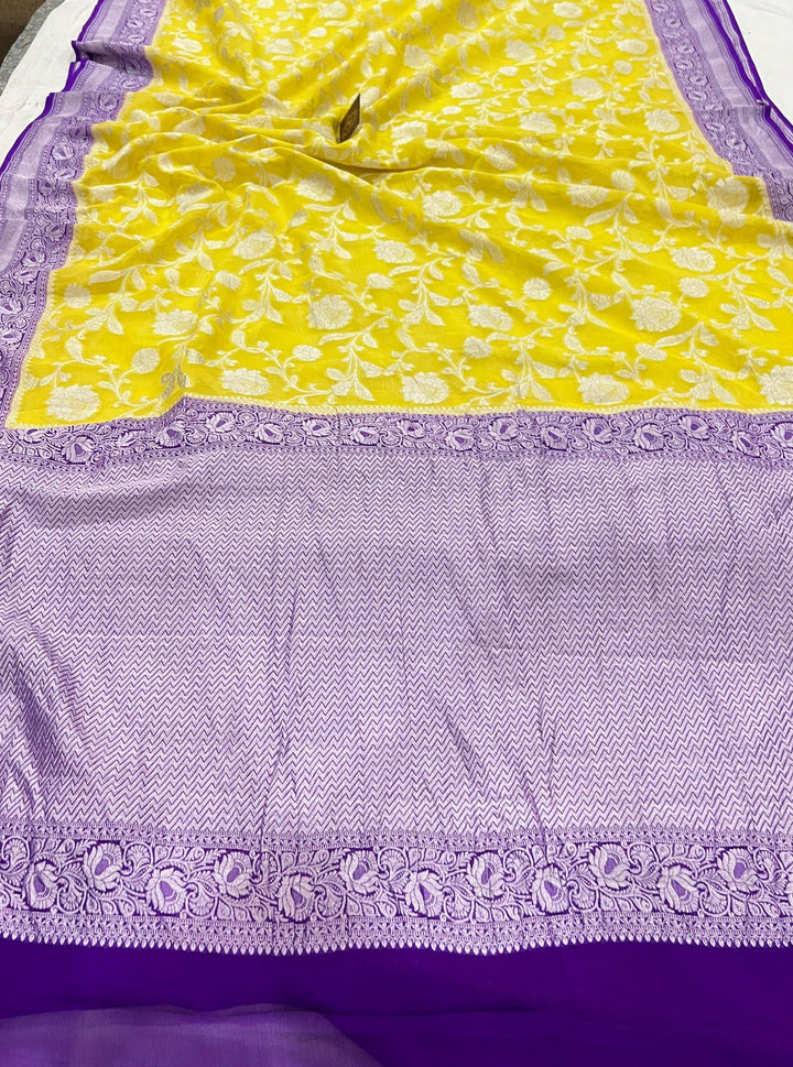 Lemon Yellow Banarasi Handloom Pure Khaddi Georgette Saree - Aura Benaras