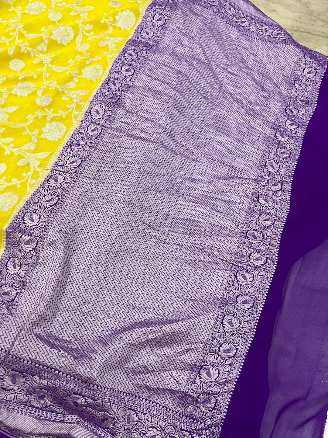 Lemon Yellow Banarasi Handloom Pure Khaddi Georgette Saree - Aura Benaras