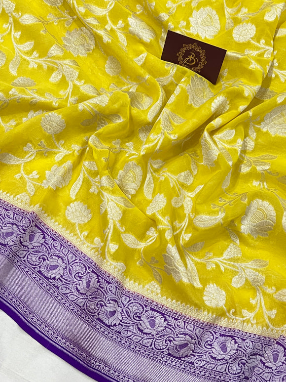 Lemon Yellow Banarasi Handloom Pure Khaddi Georgette Saree - Aura Benaras