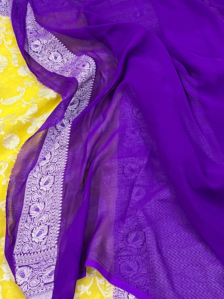 Lemon Yellow Banarasi Handloom Pure Khaddi Georgette Saree - Aura Benaras