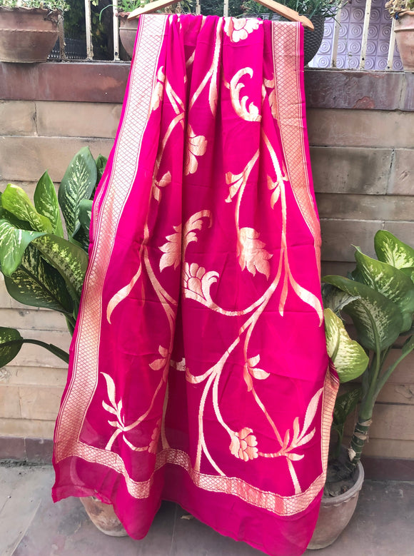 Rani Pink Pure Banarasi Handloom Georgette Dupatta - Aura Benaras