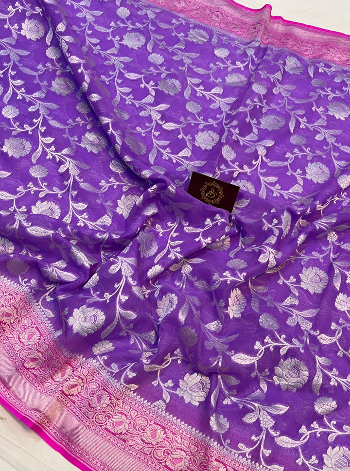 Lavender Banarasi Handloom Pure Khaddi Georgette Saree - Aura Benaras