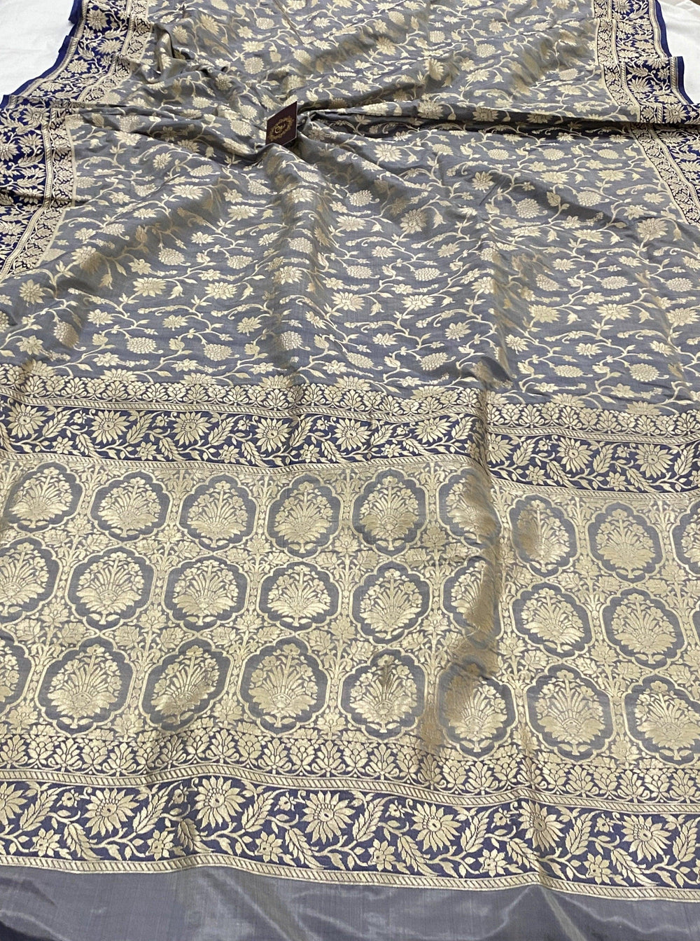Grey Pure Banarasi Handloom Katan Silk Saree - Aura Benaras