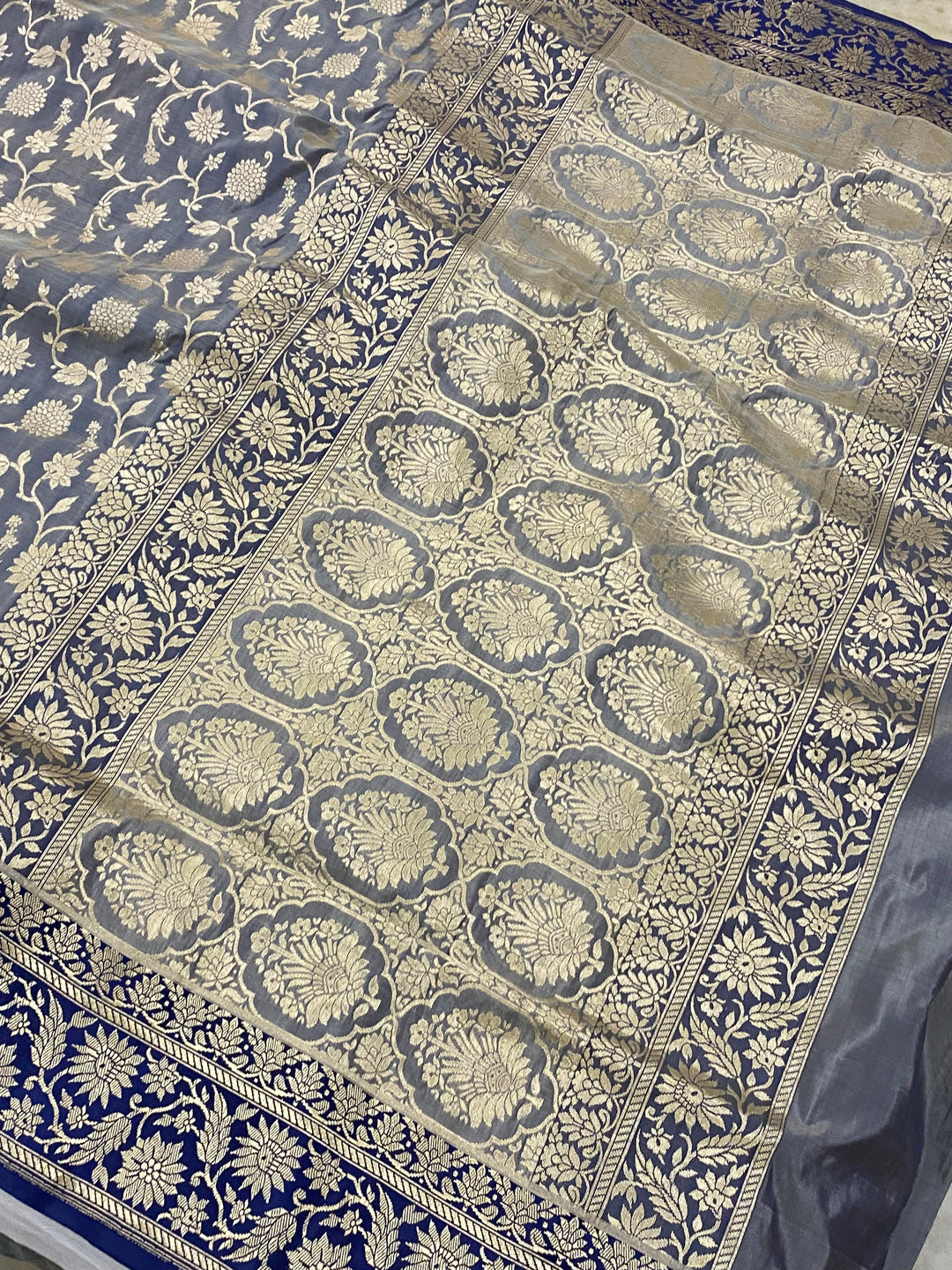 Grey Pure Banarasi Handloom Katan Silk Saree - Aura Benaras