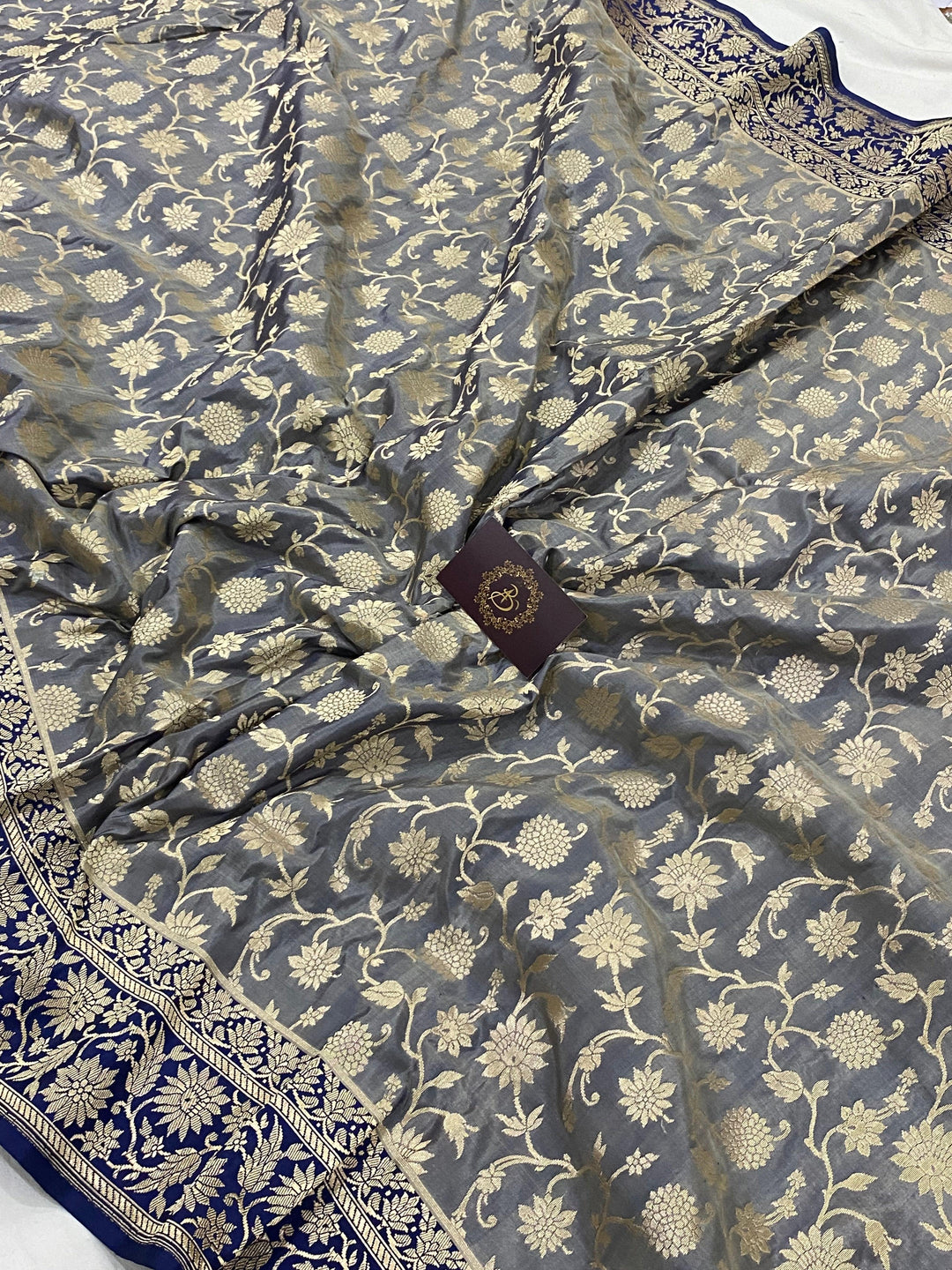 Grey Pure Banarasi Handloom Katan Silk Saree - Aura Benaras