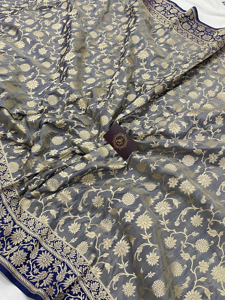 Grey Pure Banarasi Handloom Katan Silk Saree - Aura Benaras