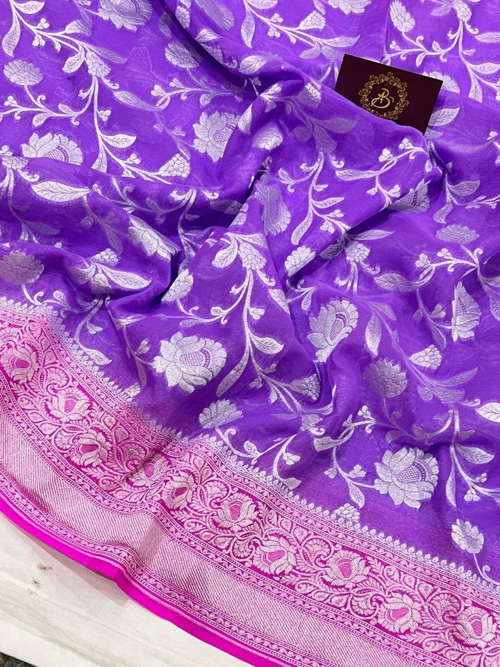 Lavender Banarasi Handloom Pure Khaddi Georgette Saree - Aura Benaras