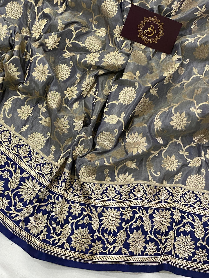 Grey Pure Banarasi Handloom Katan Silk Saree - Aura Benaras