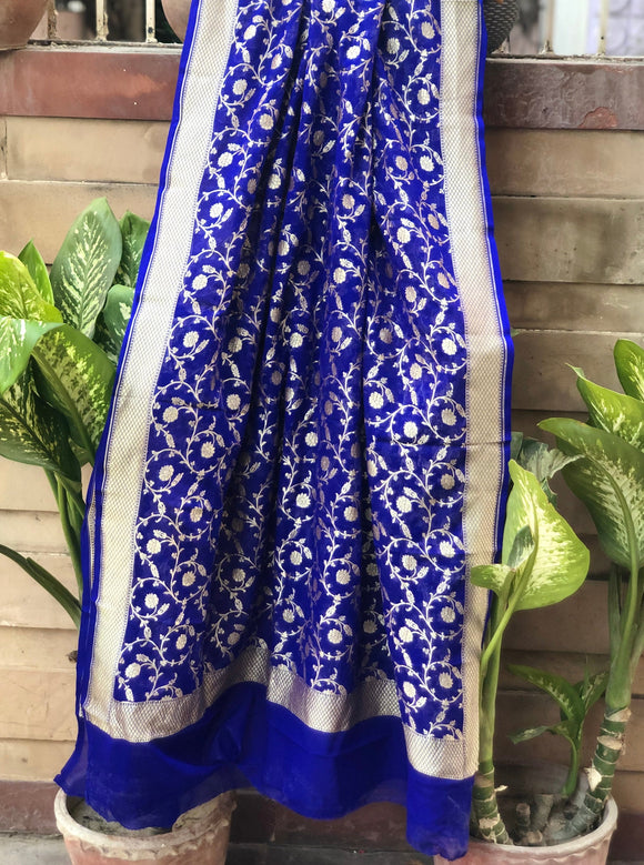 Royal Blue Pure Banarasi Handloom Georgette Dupatta - Aura Benaras