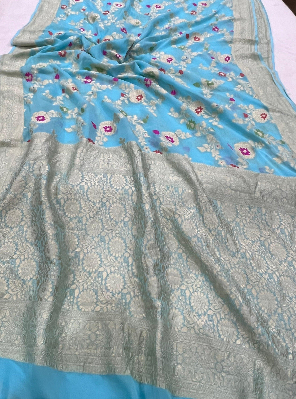 Firozi Blue Banarasi Khaddi Georgette Saree - Aura Benaras