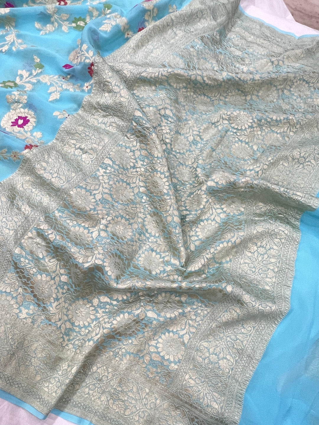 Firozi Blue Banarasi Khaddi Georgette Saree - Aura Benaras