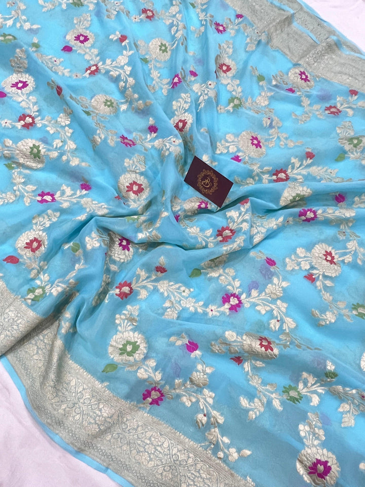 Firozi Blue Banarasi Khaddi Georgette Saree - Aura Benaras