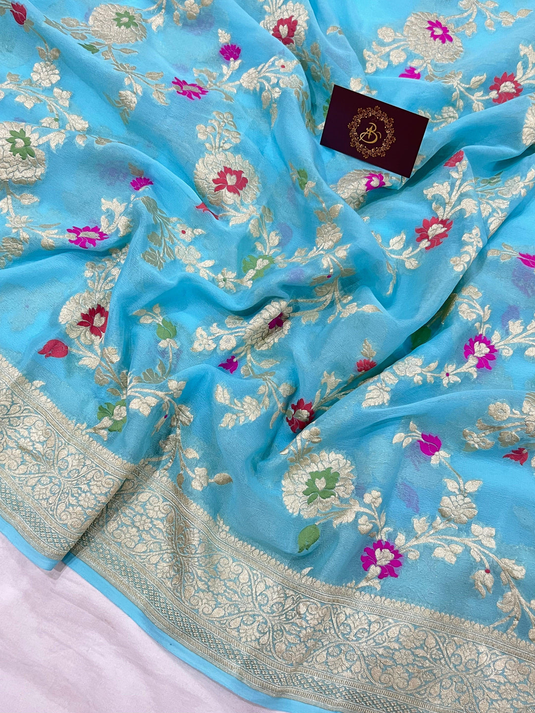 Firozi Blue Banarasi Khaddi Georgette Saree - Aura Benaras