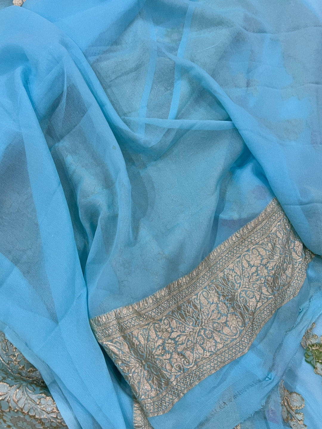 Firozi Blue Banarasi Khaddi Georgette Saree - Aura Benaras