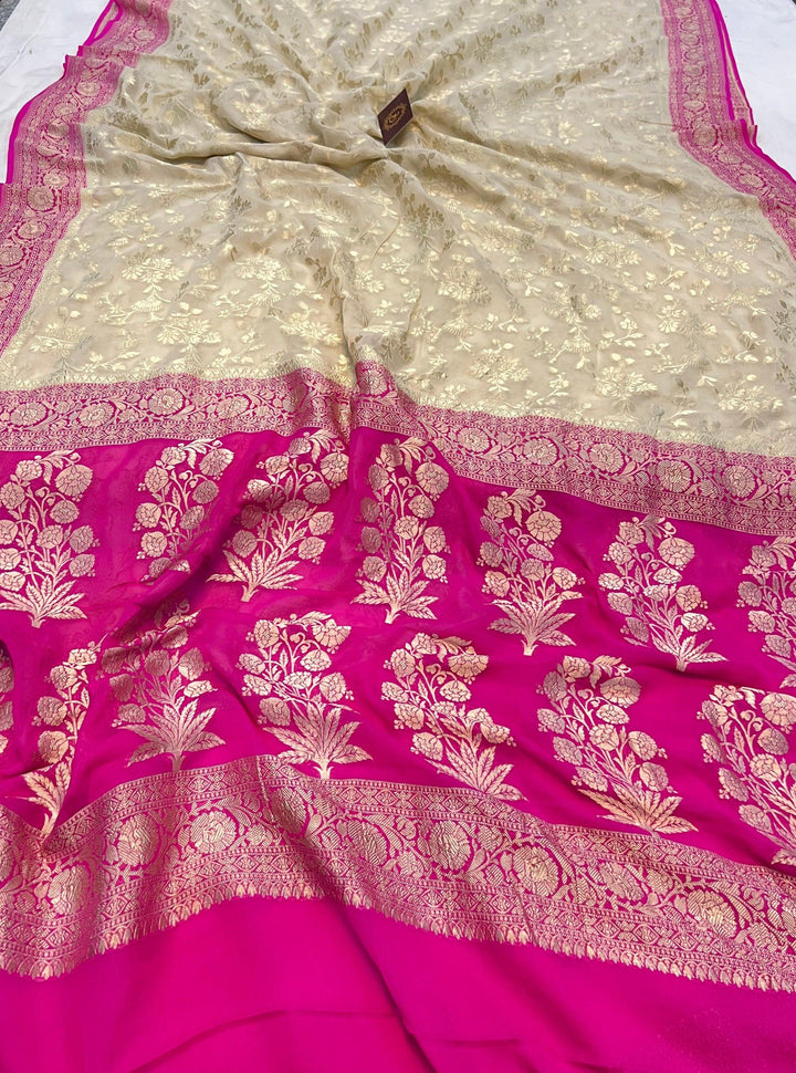 Off White Pure Banarasi Handloom Khaddi Georgette Saree