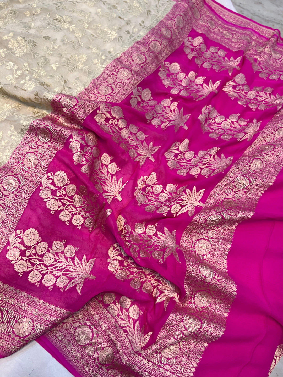 Off White Pure Banarasi Handloom Khaddi Georgette Saree