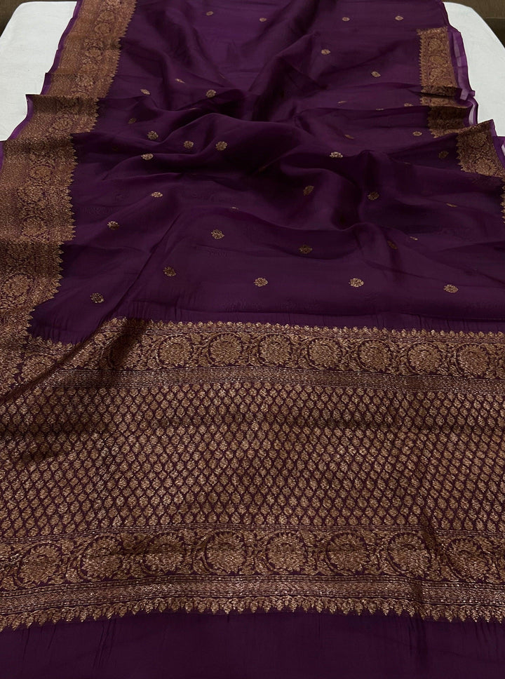 Wine Banarasi Handloom Kora Silk Saree - Aura Benaras