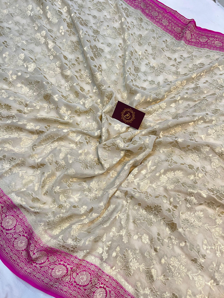 Off White Pure Banarasi Handloom Khaddi Georgette Saree