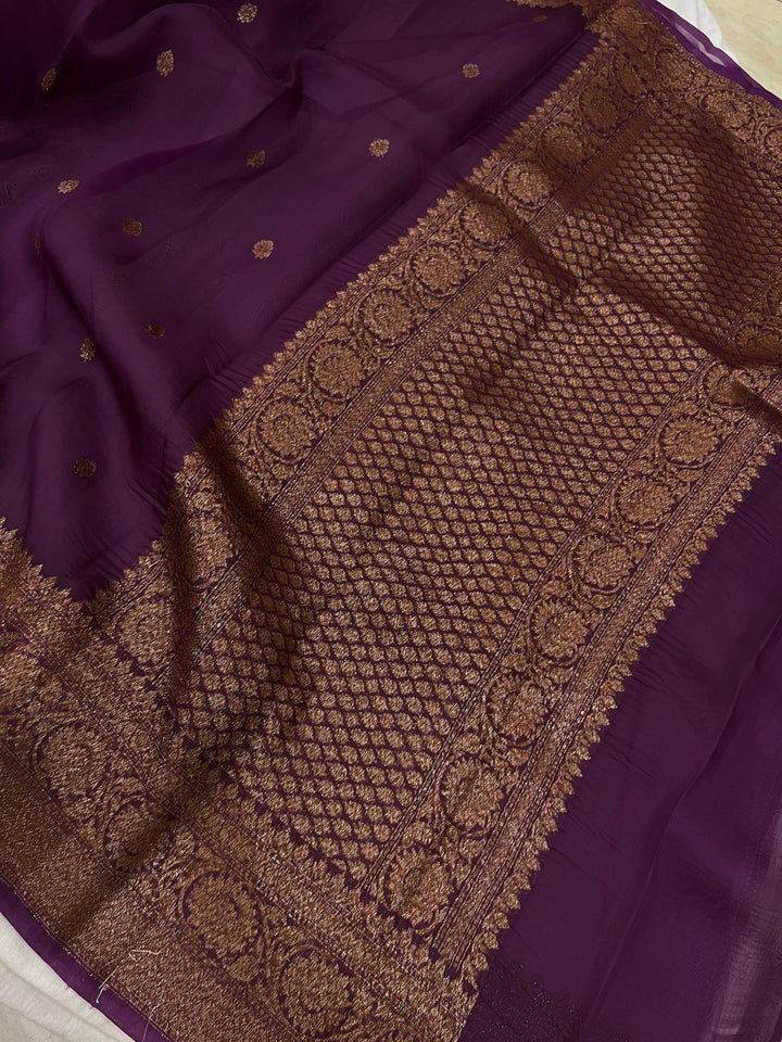 Wine Banarasi Handloom Kora Silk Saree - Aura Benaras