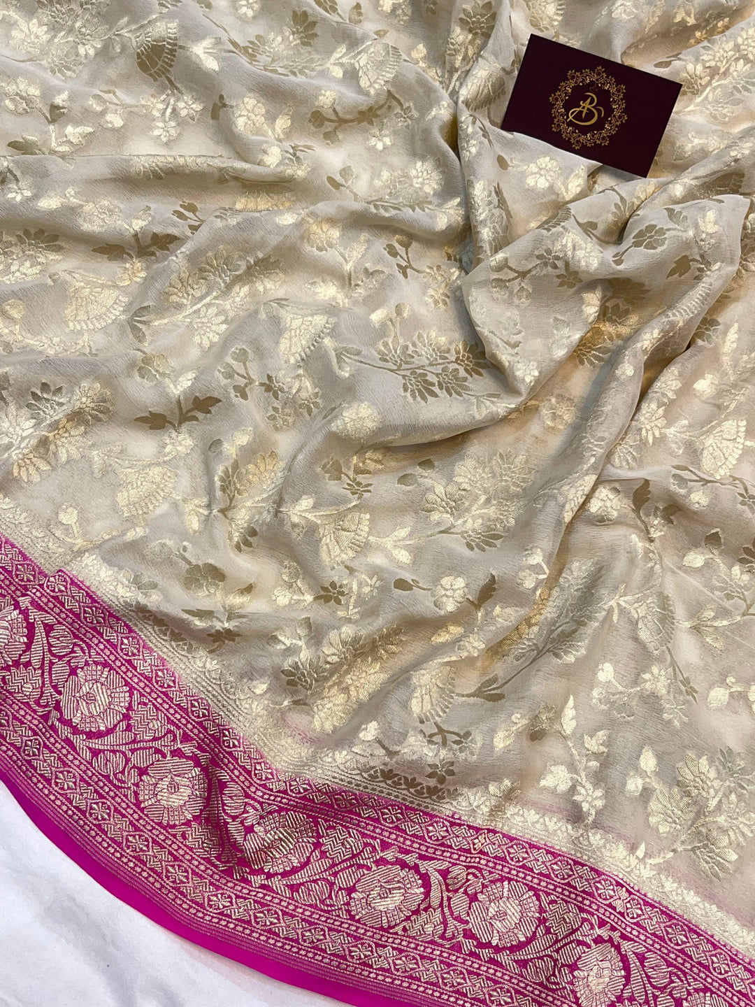 Off White Pure Banarasi Handloom Khaddi Georgette Saree