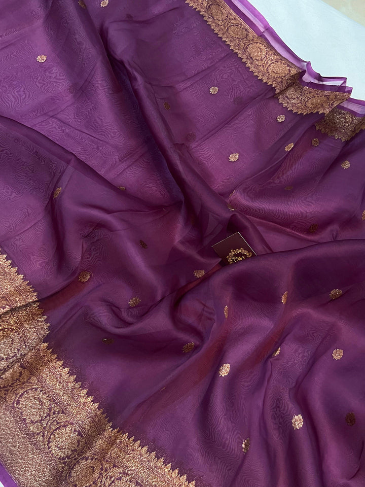Wine Banarasi Handloom Kora Silk Saree - Aura Benaras