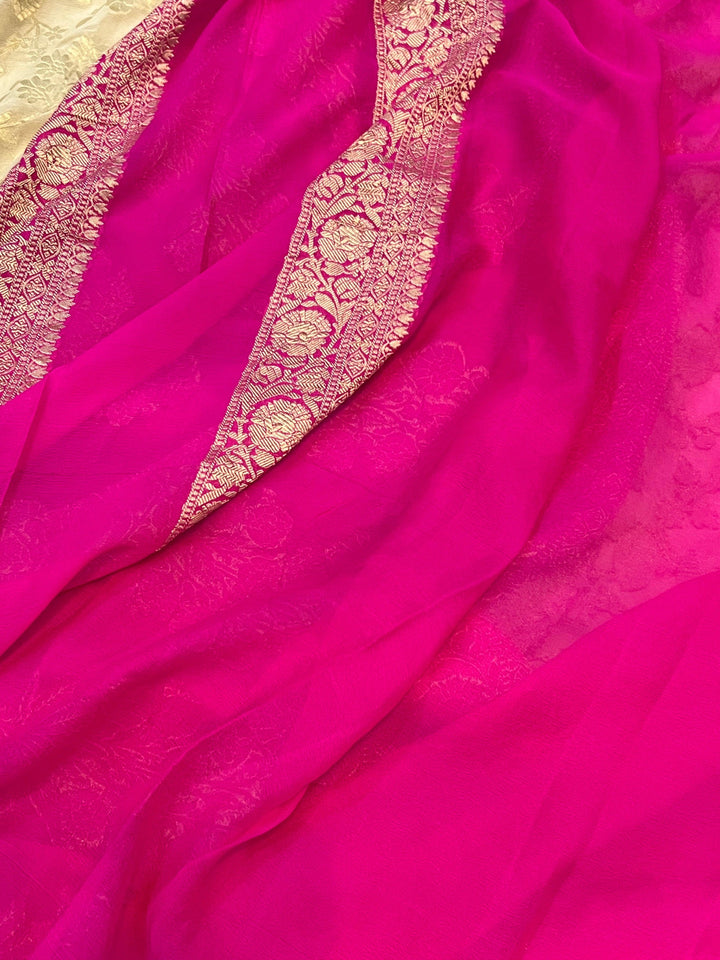 Off White Pure Banarasi Handloom Khaddi Georgette Saree