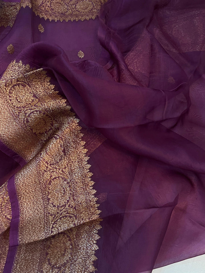 Wine Banarasi Handloom Kora Silk Saree - Aura Benaras