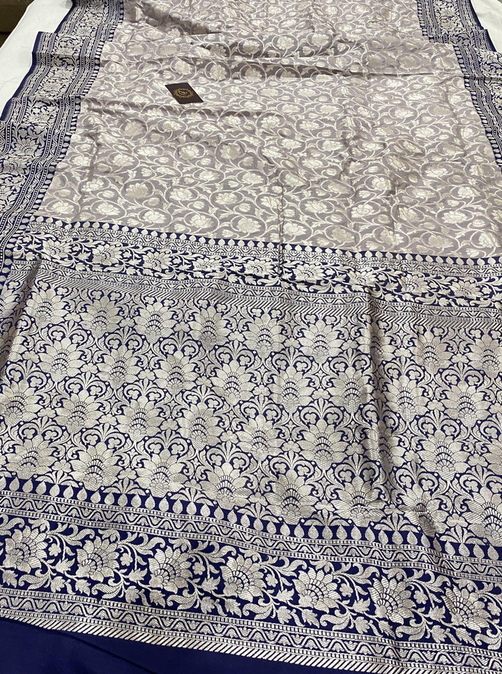 Grey Pure Banarasi Handloom Katan Silk Saree - Aura Benaras