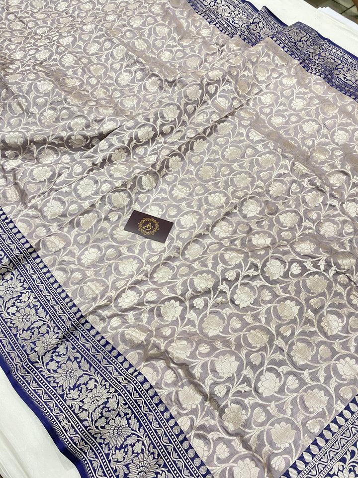 Grey Pure Banarasi Handloom Katan Silk Saree - Aura Benaras