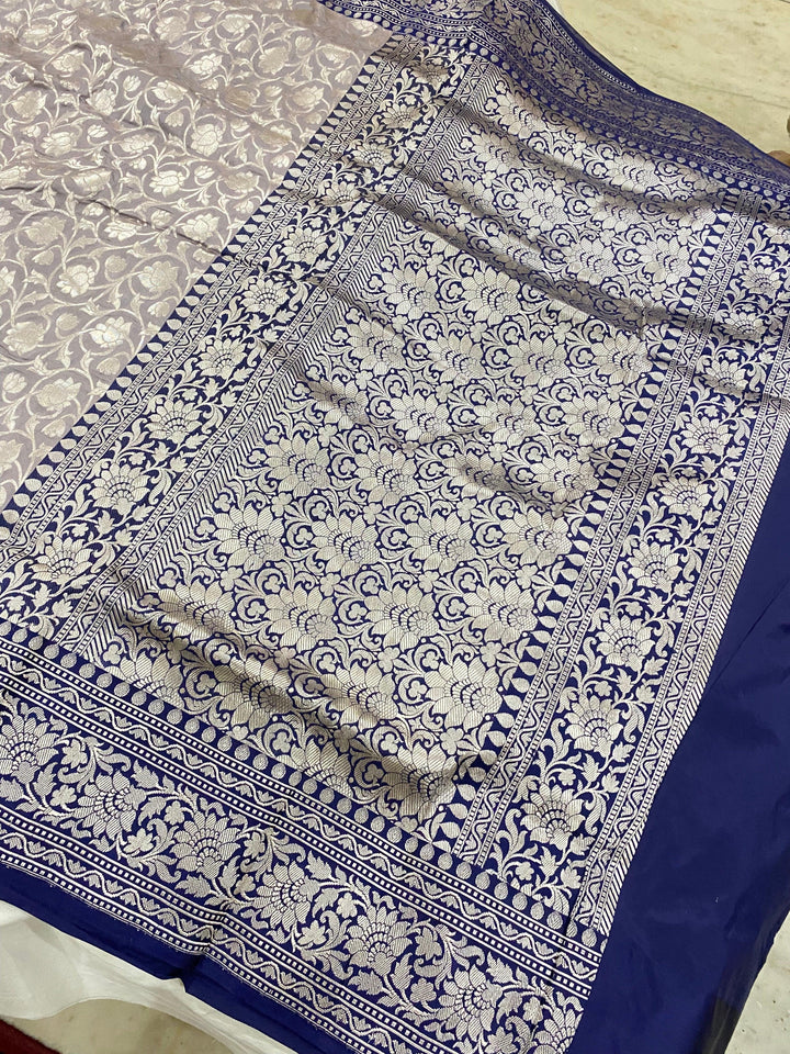 Grey Pure Banarasi Handloom Katan Silk Saree - Aura Benaras