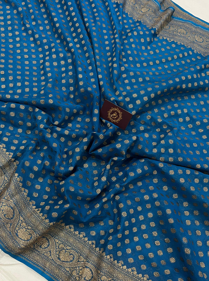 Persian Blue Pure Banarasi Khaddi Georgette Saree - Aura Benaras
