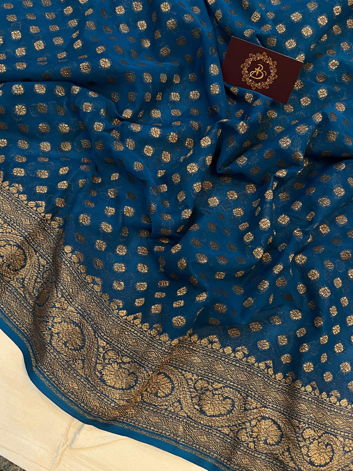 Persian Blue Pure Banarasi Khaddi Georgette Saree - Aura Benaras