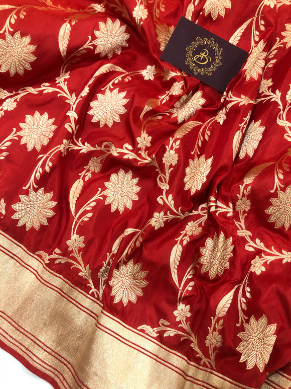 Red Pure Banarasi Handloom Katan Silk Saree -Aura Benaras