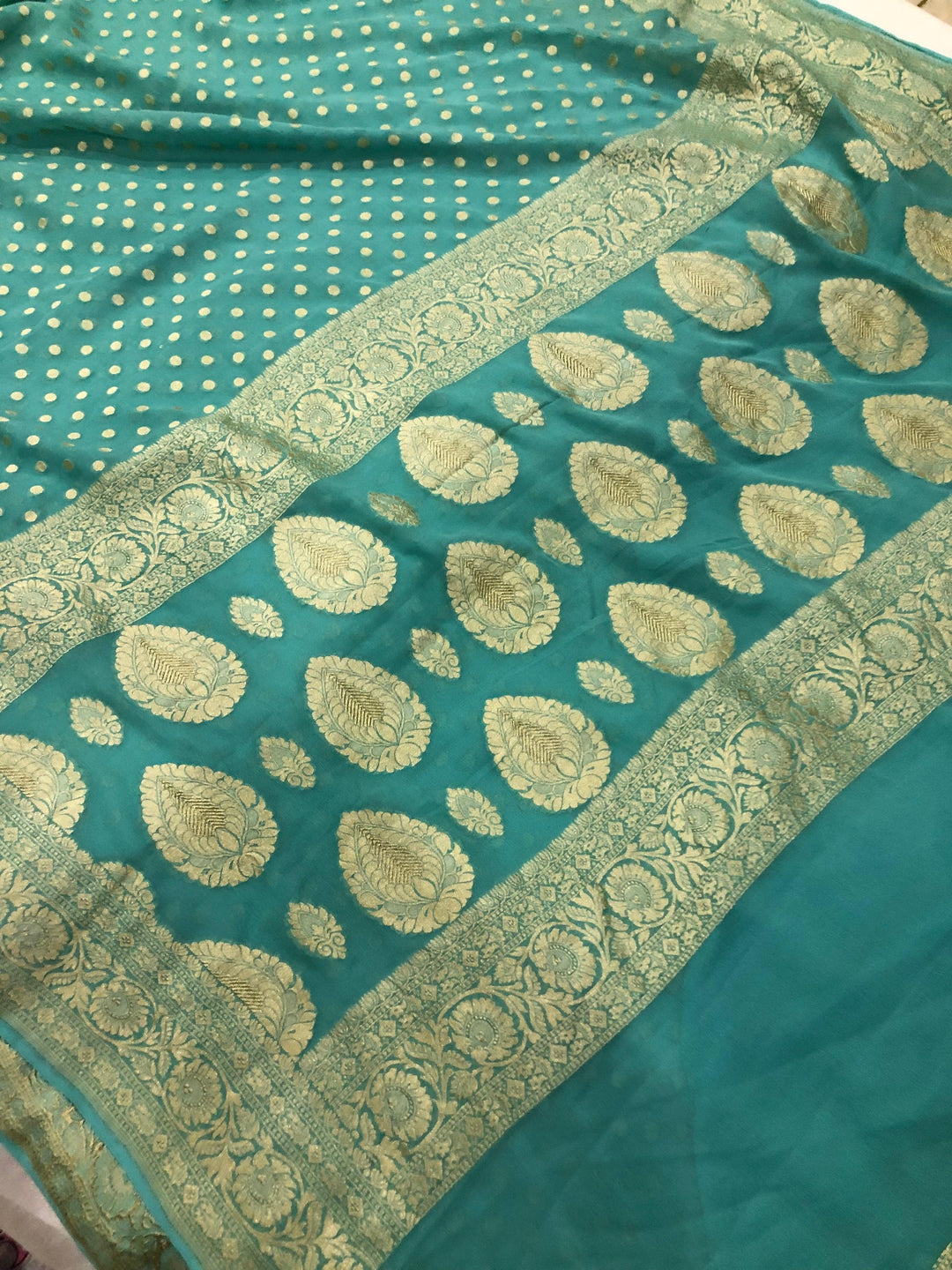 Greyish Green Pure Banarasi Handloom Khaddi Georgette Saree - Aura Benaras
