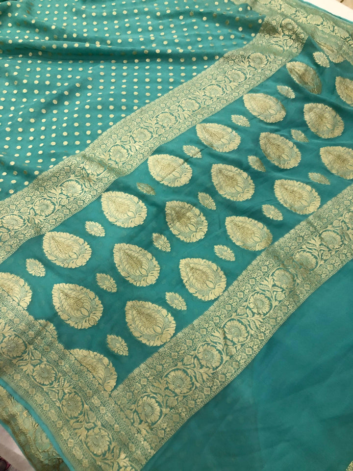 Greyish Green Pure Banarasi Handloom Khaddi Georgette Saree - Aura Benaras