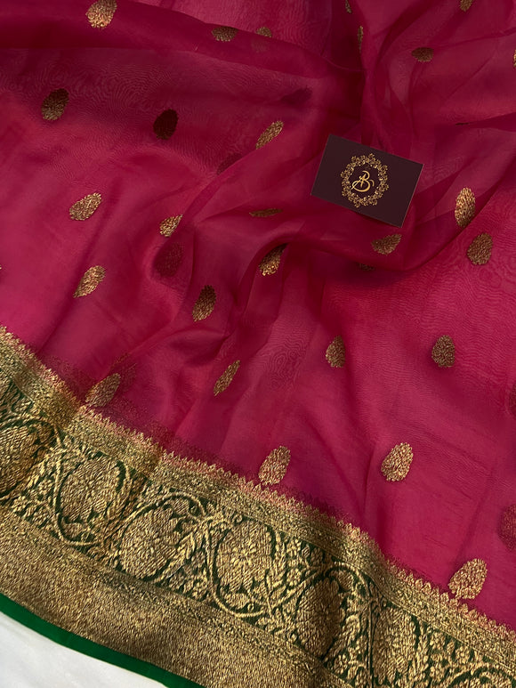 Magenta Pink Banarasi Handloom Kora Silk Saree - Aura Benaras