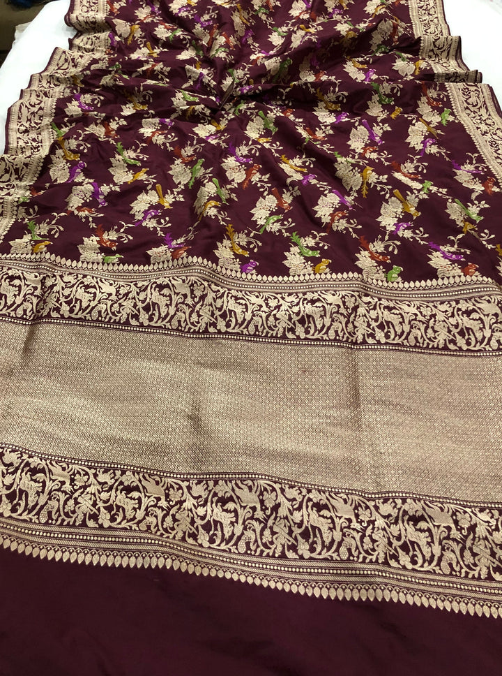 Deep Maroon Kadwa Jaal Pure Banarasi Handloom Katan Silk Saree - Aura Benaras