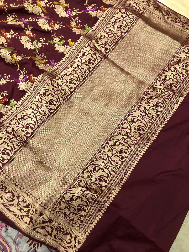 Deep Maroon Kadwa Jaal Pure Banarasi Handloom Katan Silk Saree - Aura Benaras