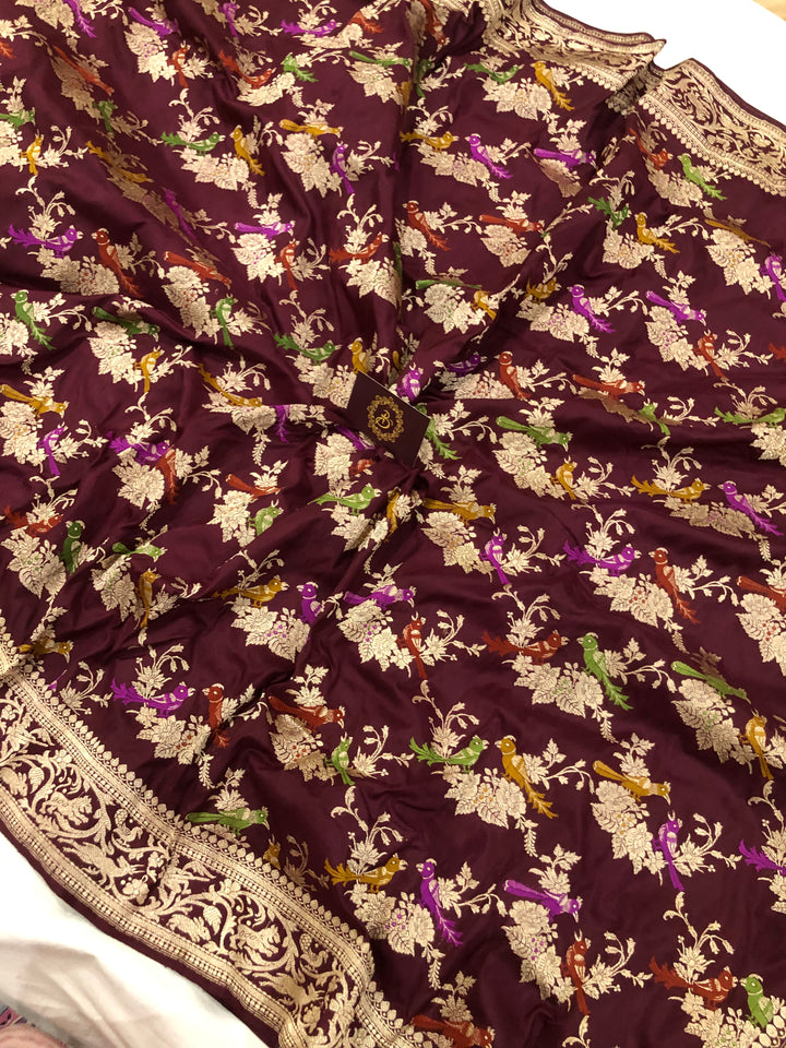 Deep Maroon Kadwa Jaal Pure Banarasi Handloom Katan Silk Saree - Aura Benaras