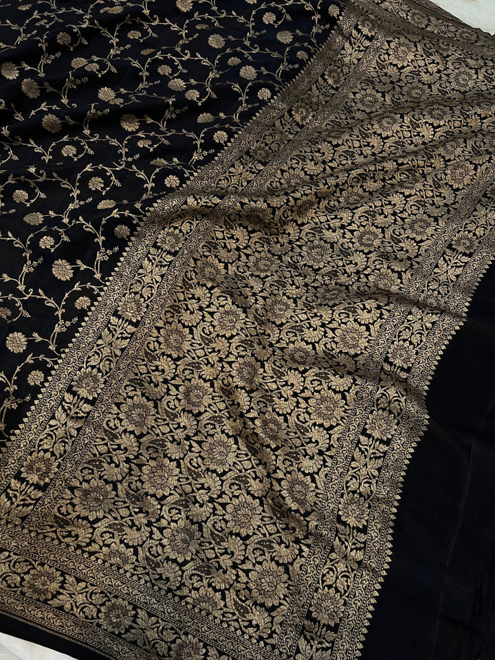 Black Pure Banarasi Khaddi Crepe Silk Saree - Aura Benaras