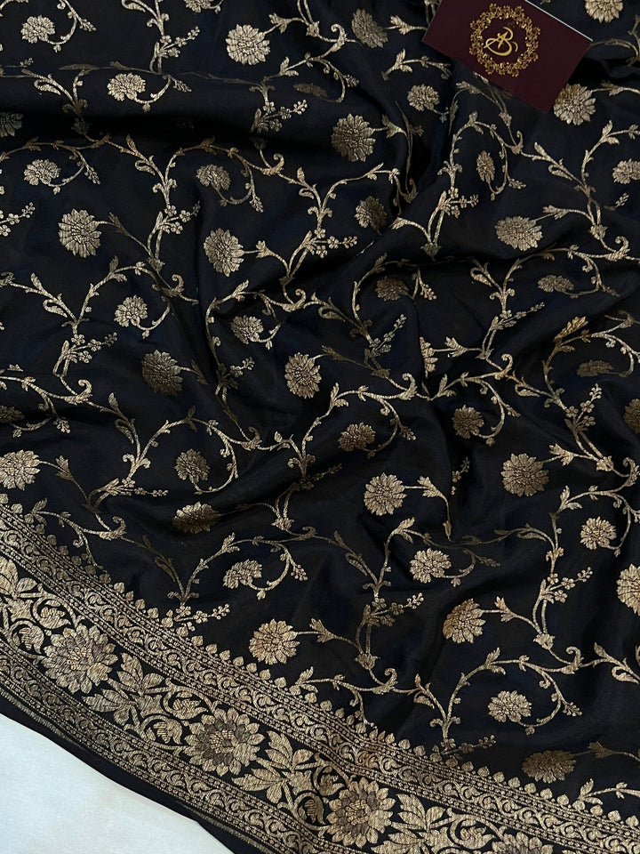 Black Pure Banarasi Khaddi Crepe Silk Saree - Aura Benaras