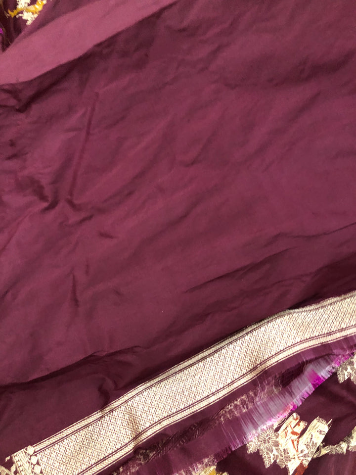 Deep Maroon Kadwa Jaal Pure Banarasi Handloom Katan Silk Saree - Aura Benaras